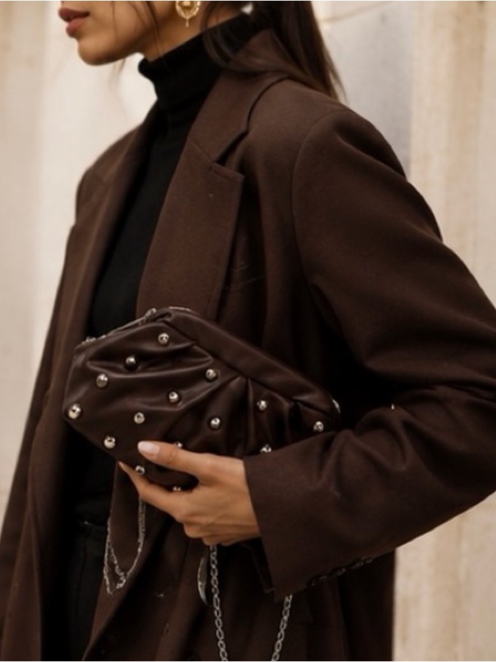 Brown Studded Pouch Clutch with Chain